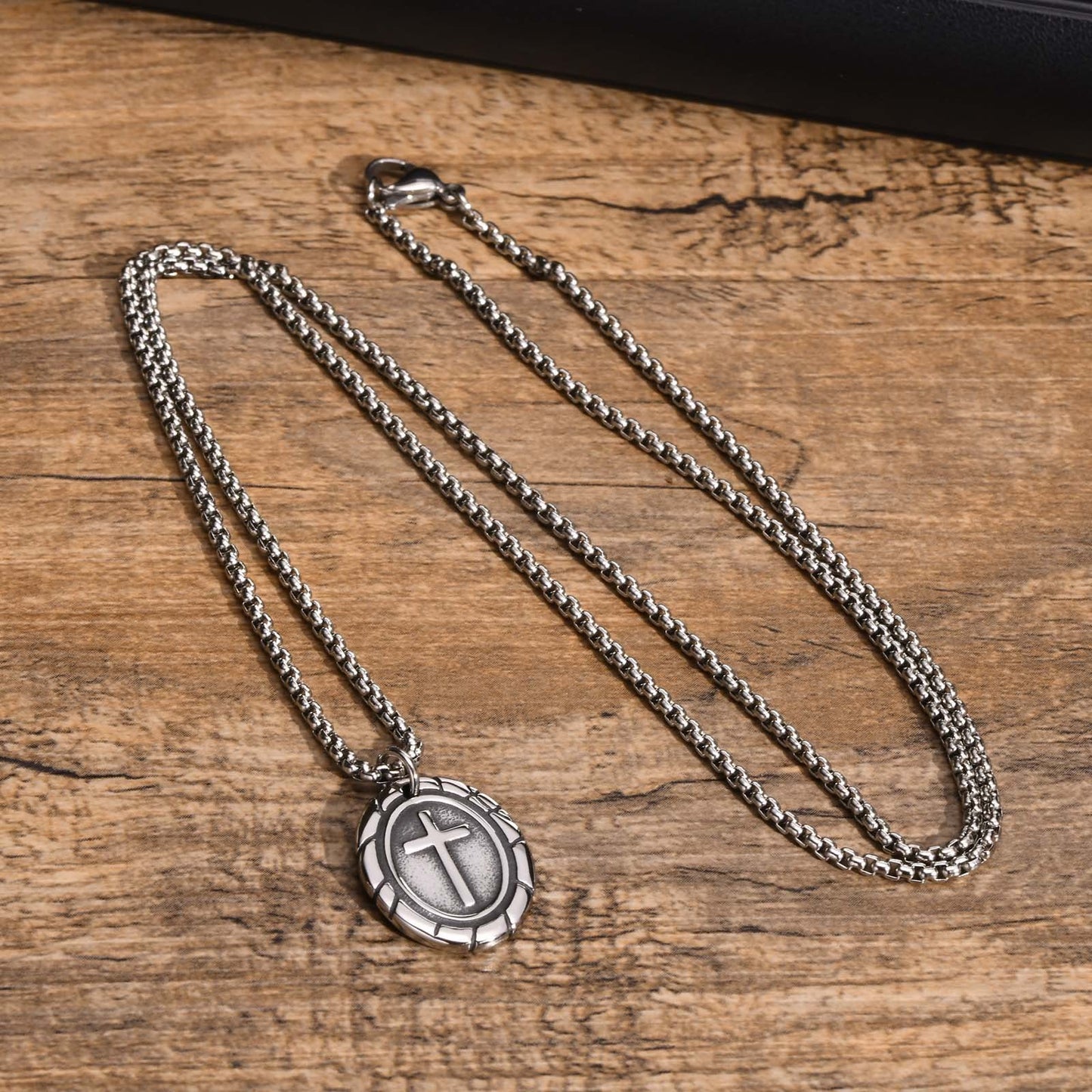 Kemstone Stainless Steel Double-Sided Cross Oval Pendant Necklace for Men PN-1808