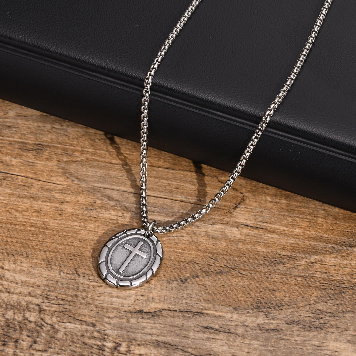 Kemstone Stainless Steel Double-Sided Cross Oval Pendant Necklace for Men PN-1808