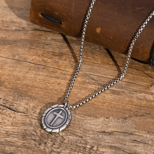 Kemstone Stainless Steel Double-Sided Cross Oval Pendant Necklace for Men PN-1808