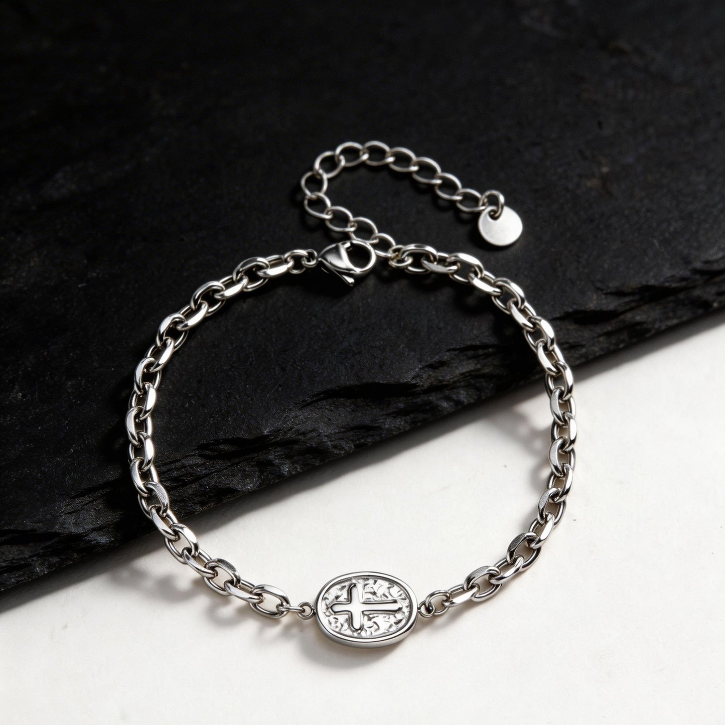 Kemstone Stainless Steel Cross Chain Bracelet for Men – Oval Plate Minimal Style Silver BR-2881