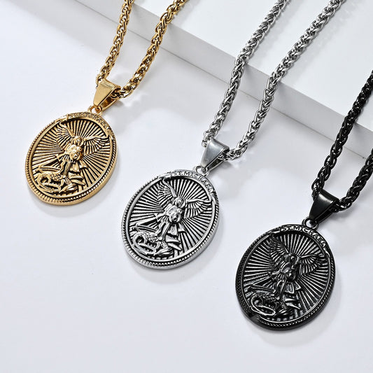 Kemstone Winged Knight Shield Stainless Steel Pendant Necklace for Men K-PT598