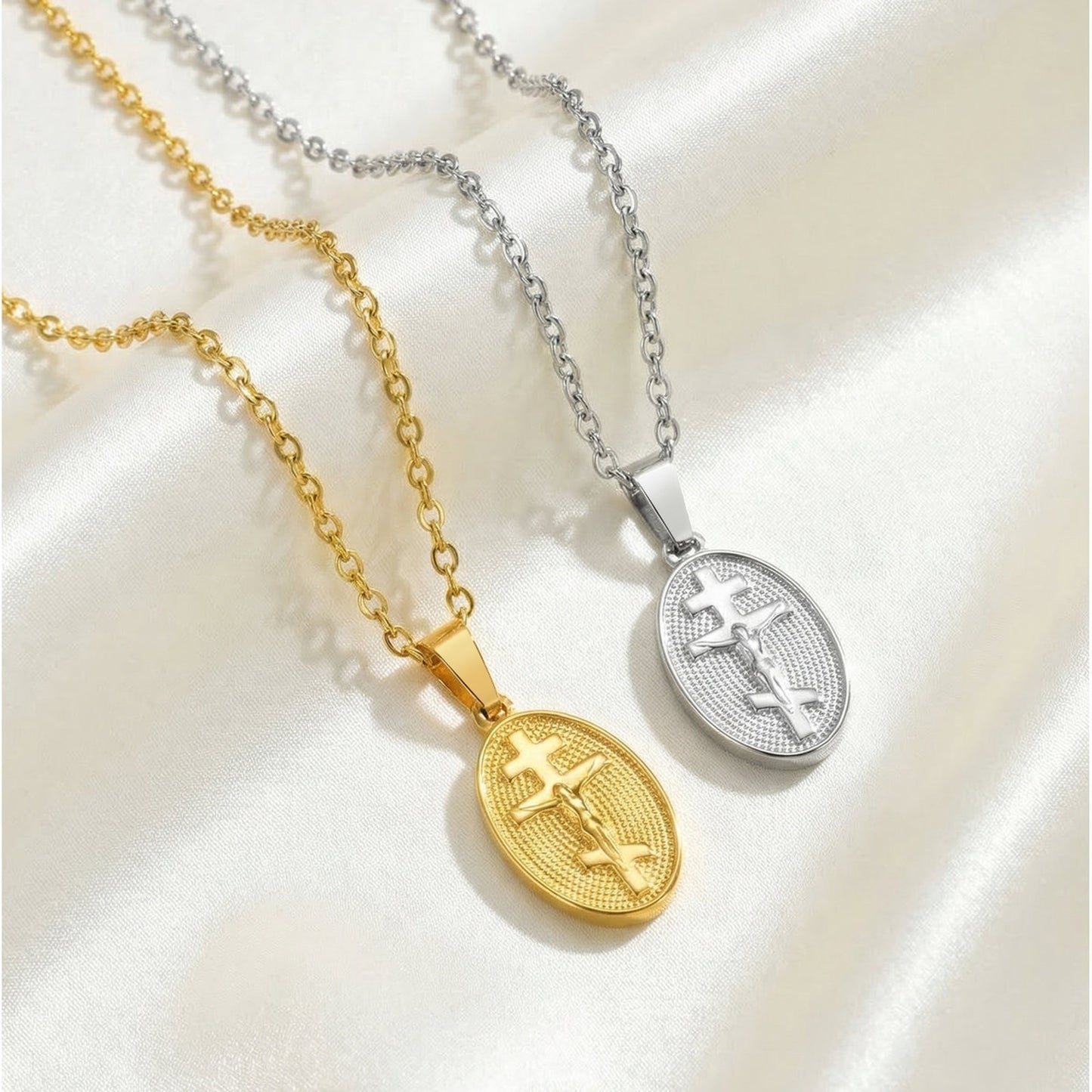 Kemstone Vintage Cross Oval Pendant Necklace Stainless Steel for Men & Women PN-2335
