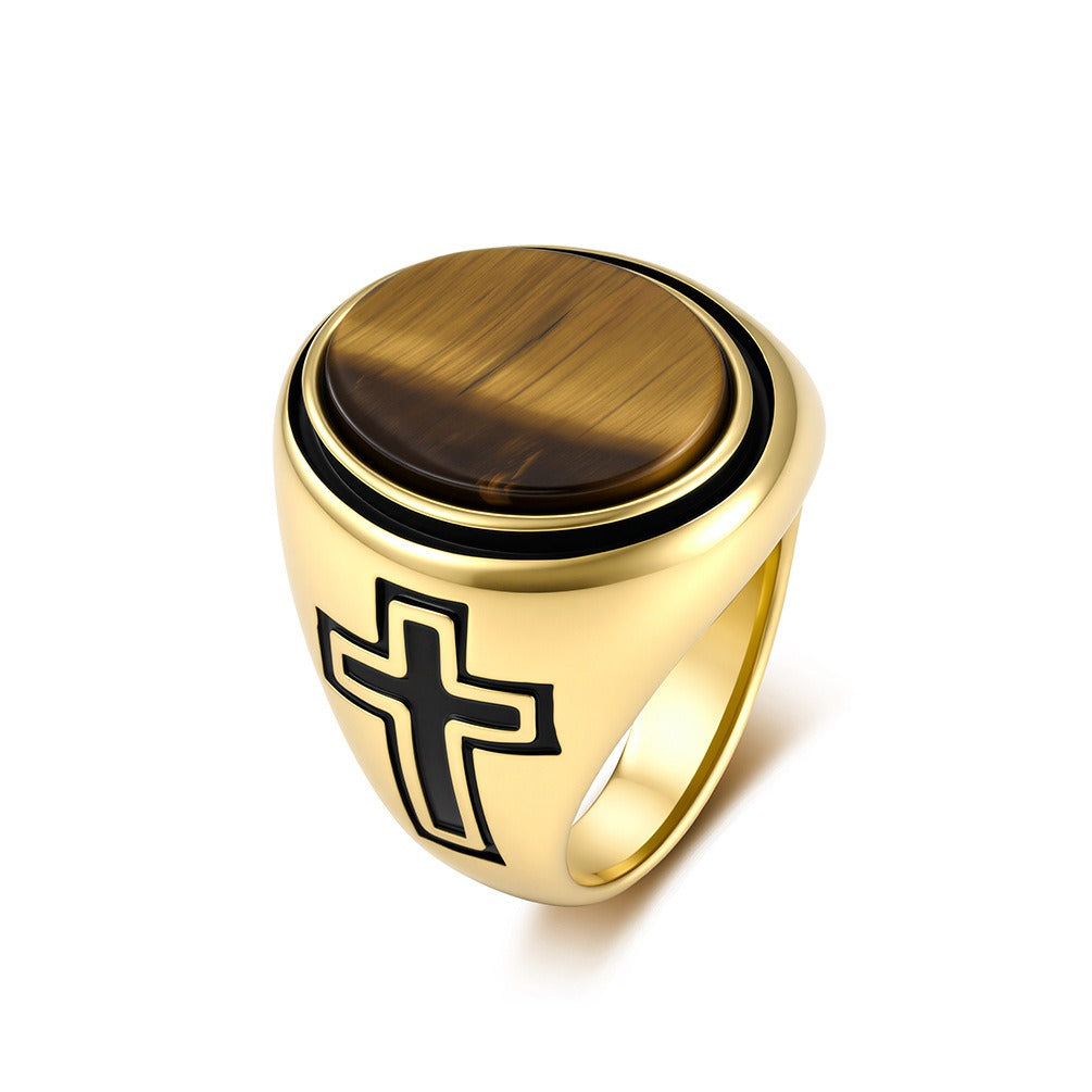 Kemston Oval Stone Signet Ring for Men Stainless Steel Engraved Cross K-R1202