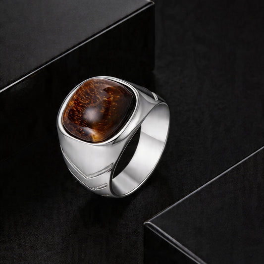 Kemstone Tiger Eye Signet Ring for Men Stainless Steel Oval Silver RC-1070