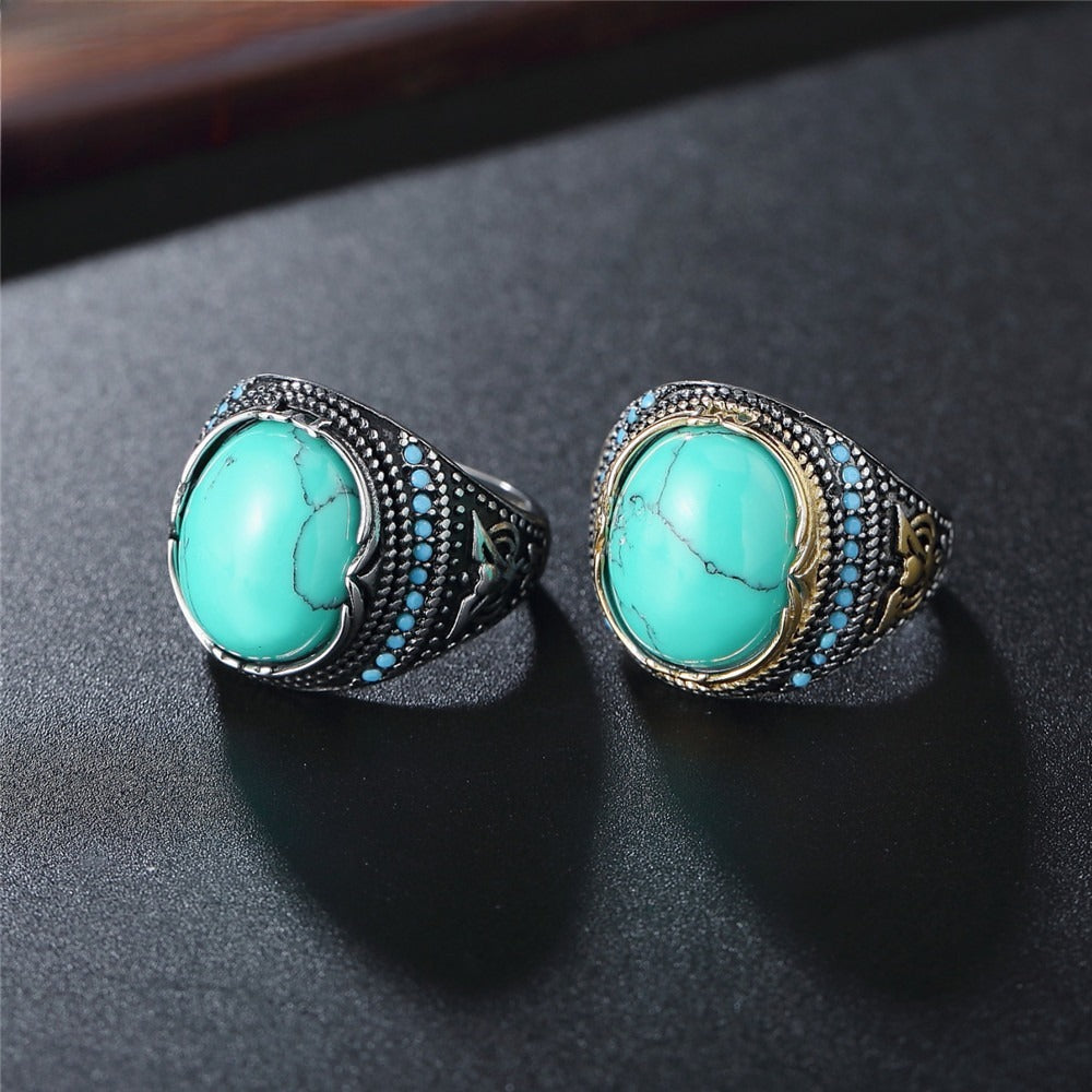 Kemstone Titanium Steel Turquoise Signet Ring for Men Oval Stone Silver Gold R0590