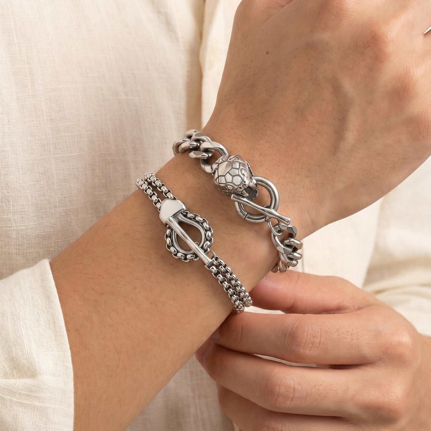 Kemstone Stainless Steel Snake Head Cuban Link Bracelet for Men OT Clasp Silver BR-2810