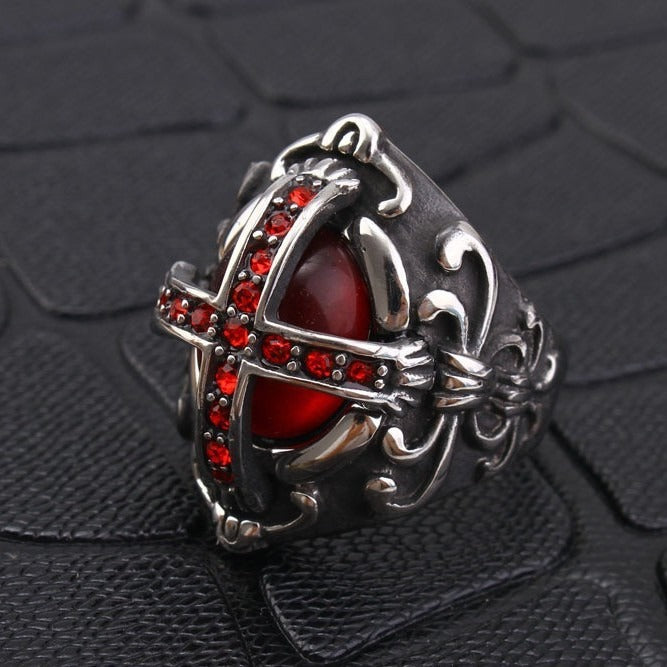 Kemstone Titanium Steel Red Cross Signet Ring for Men Vintage Gothic Stone TR0054
