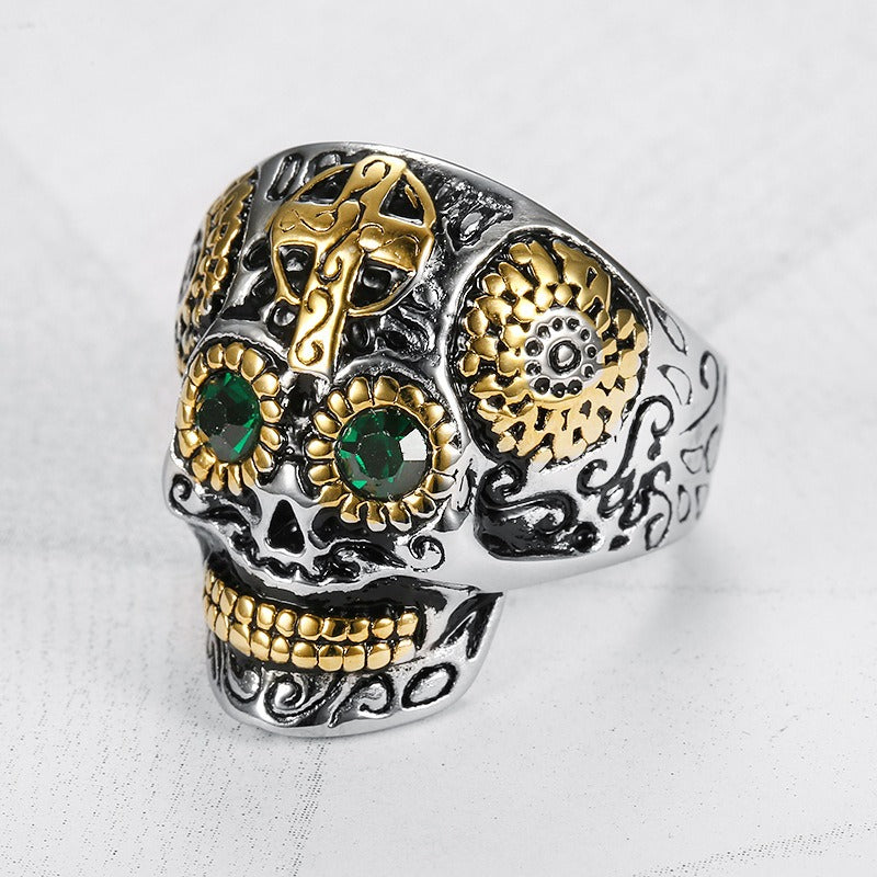 Kemstone Green Stone Skull Ring for Men Stainless Steel Vintage Cross TR0069