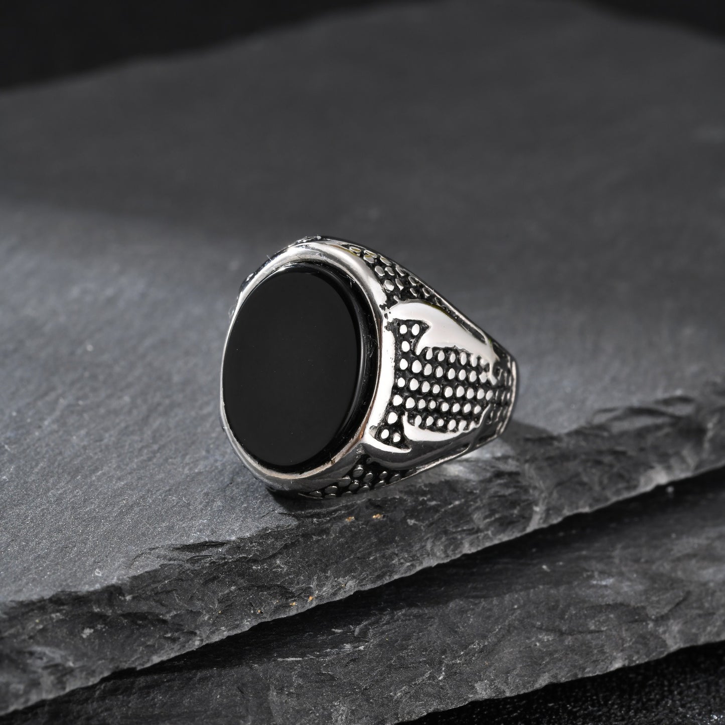 Kemstone Double Sword Black Stone Signet Ring for Men – Stainless Steel Vintage Relief RC-1028