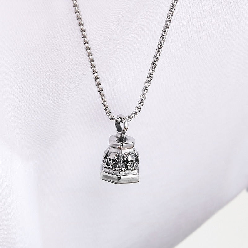 Kemstone Titanium Steel Skull Bell Pendant Necklace for Men Hexagon Gothic Silver Gold KP115582-KJX