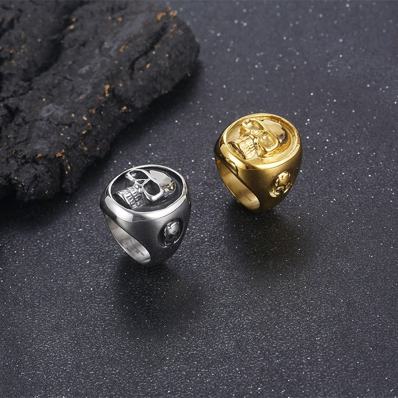 Kemstone Titanium Steel Skull Signet Ring – Heavy Dark Punk Style for Men KR106363-KJX