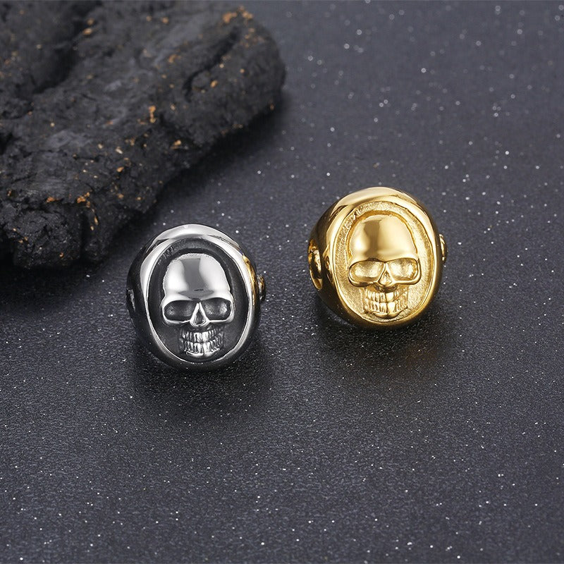 Kemstone Titanium Steel Skull Signet Ring – Heavy Dark Punk Style for Men KR106363-KJX