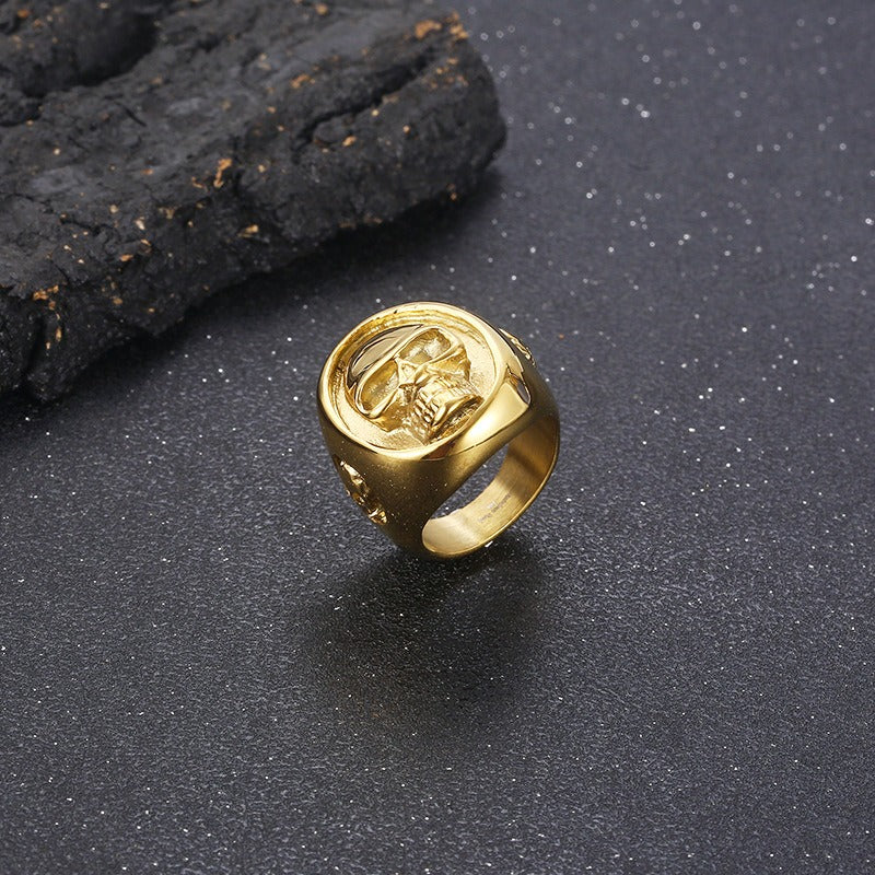 Kemstone Titanium Steel Skull Signet Ring – Heavy Dark Punk Style for Men KR106363-KJX