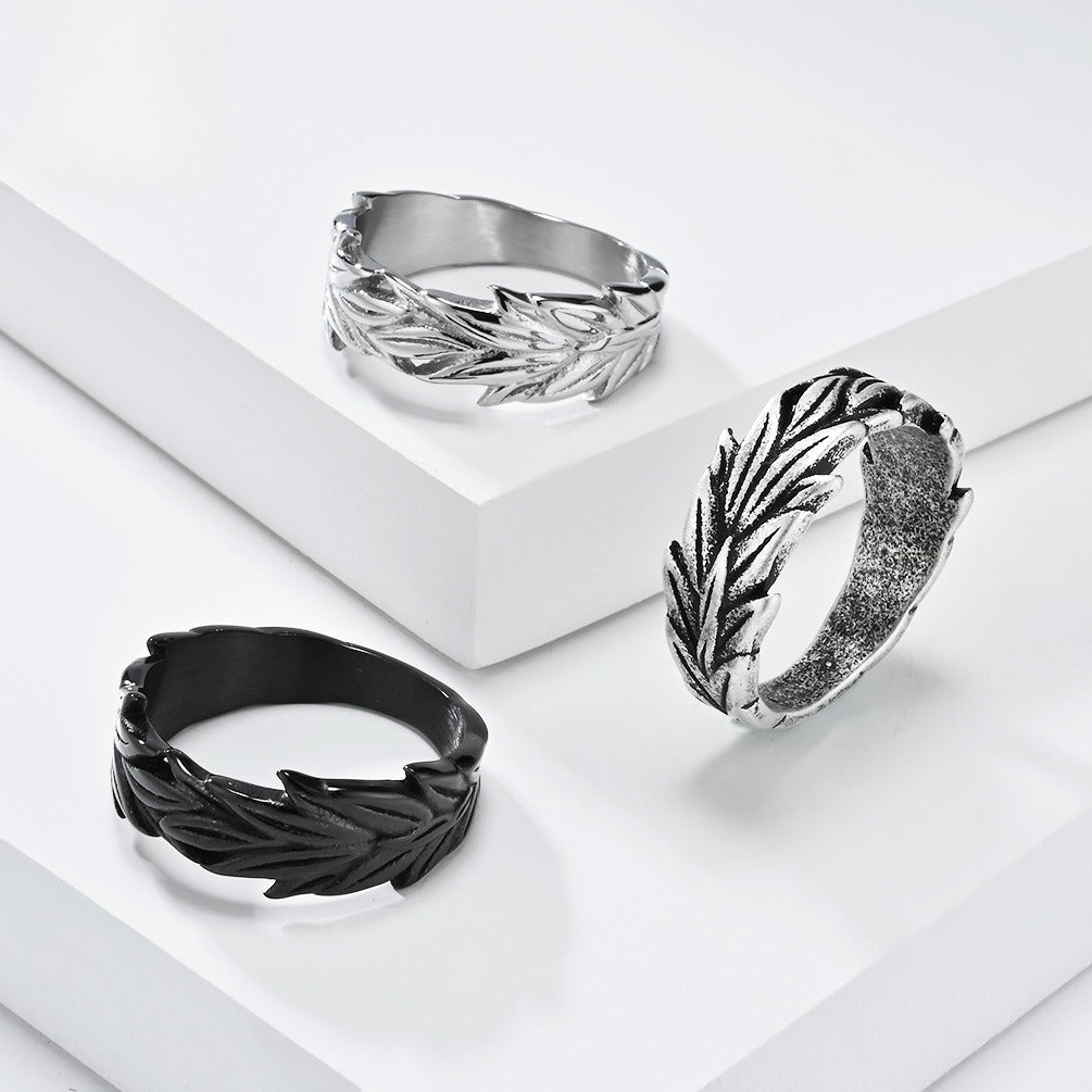 Kemstone Vintage Wheat Leaf Stainless Steel Band Ring for Men – Textured 8mm K-R905