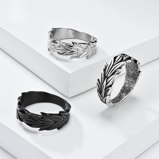 Kemstone Vintage Wheat Leaf Stainless Steel Band Ring for Men – Textured 8mm K-R905