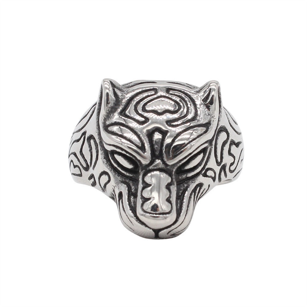 Kemstone Titanium Steel Panther Head Ring for Men Vintage Animal Signet Silver R1873