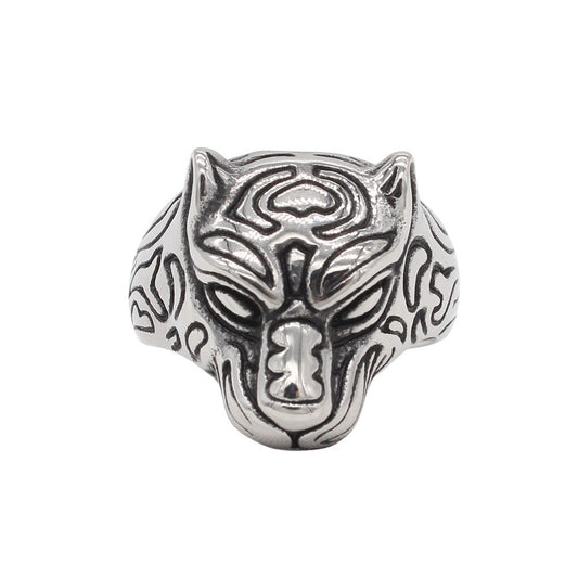 Kemstone Titanium Steel Panther Head Ring for Men Vintage Animal Signet Silver R1873