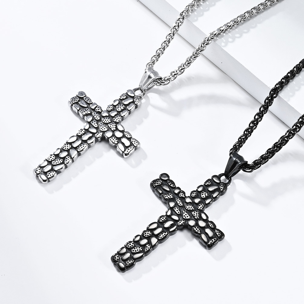 Kemstone Cross Pendant Necklace Titanium Steel Pebble Texture Chain for Men K-PT513