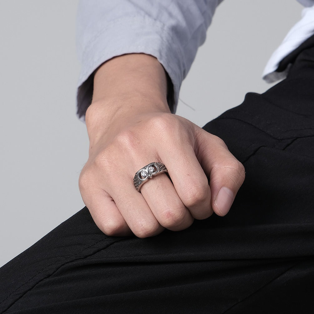 Kemstone Stainless Steel Owl Ring – Vintage Finish Animal Band with Cubic Zirconia Eyes for Men & Women K-R625