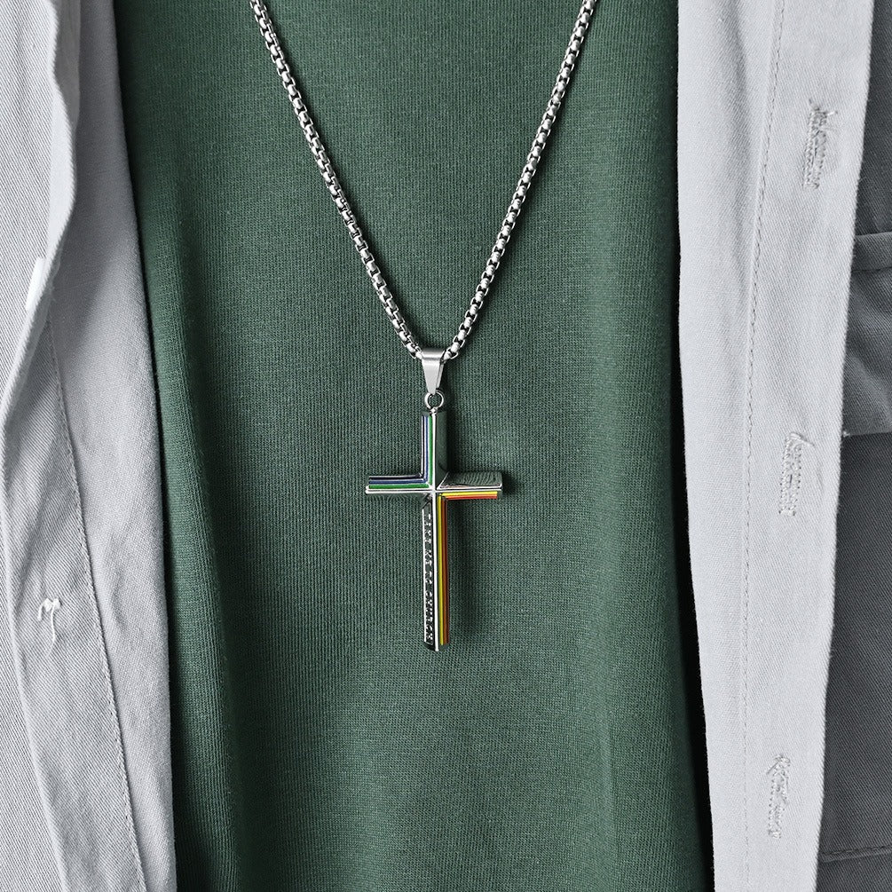 Kemstone Stainless Steel Rainbow Line Cross Pendant Necklace for Men Women K-PT524
