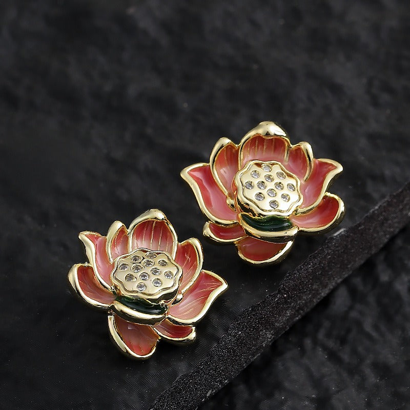 Kemstone Lotus Flower Stud Earrings for Women Enamel Floral Copper TD10865