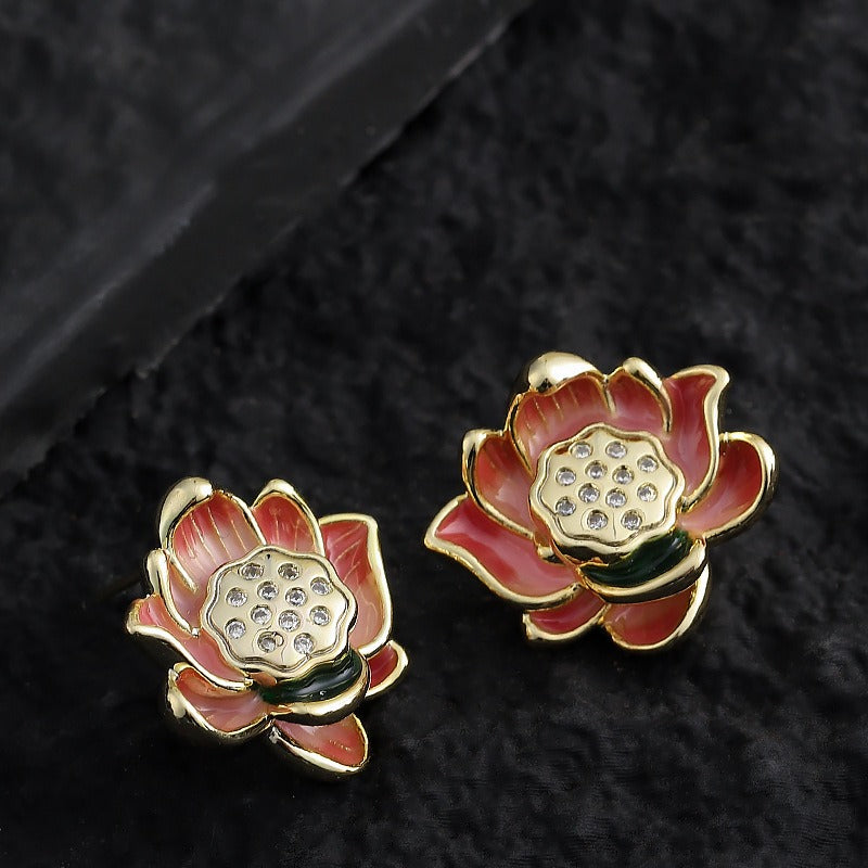 Kemstone Lotus Flower Stud Earrings for Women Enamel Floral Copper TD10865