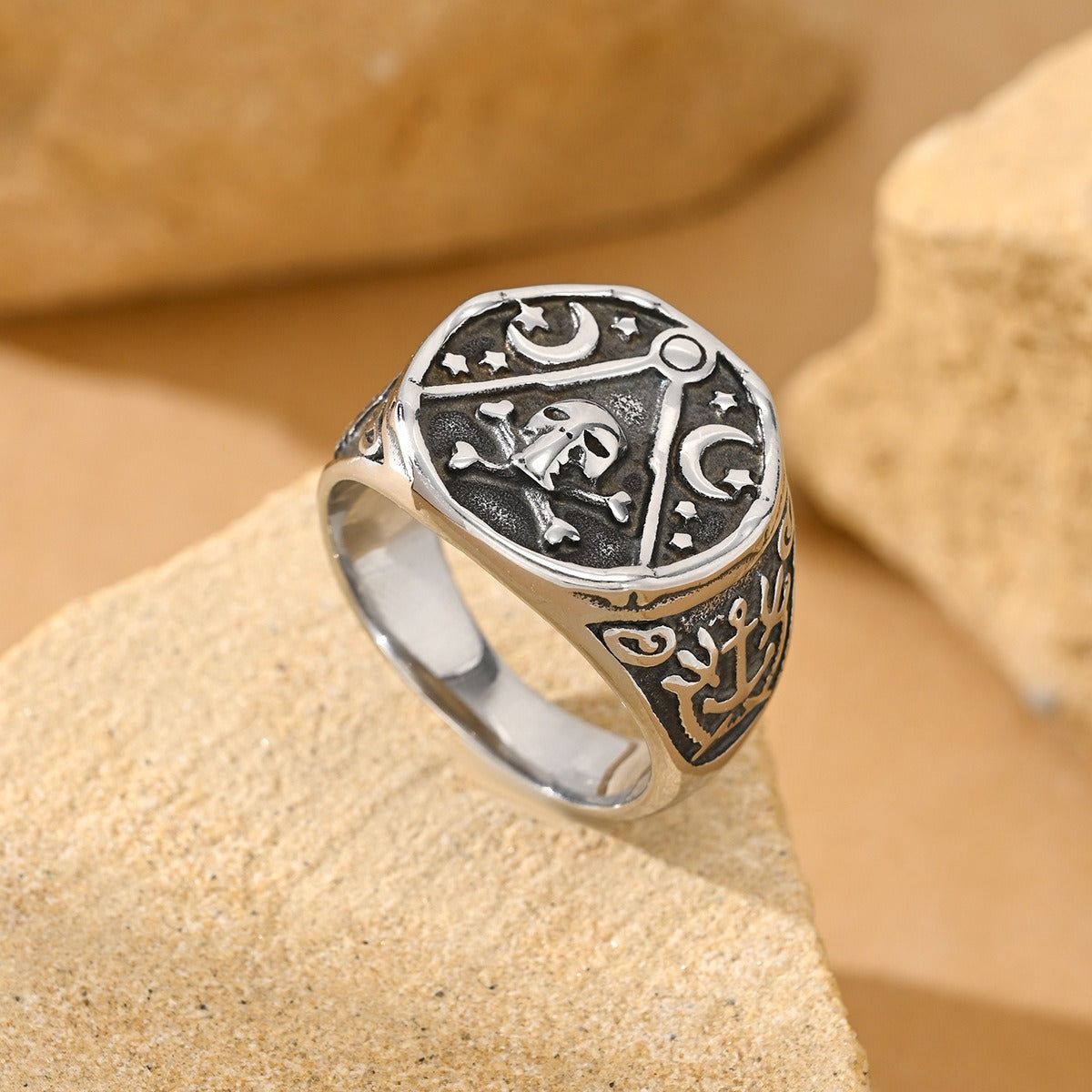 Kemston Pirate Skull Crossbones Ring for Men Stainless Steel Moon Star Vintage TR0529