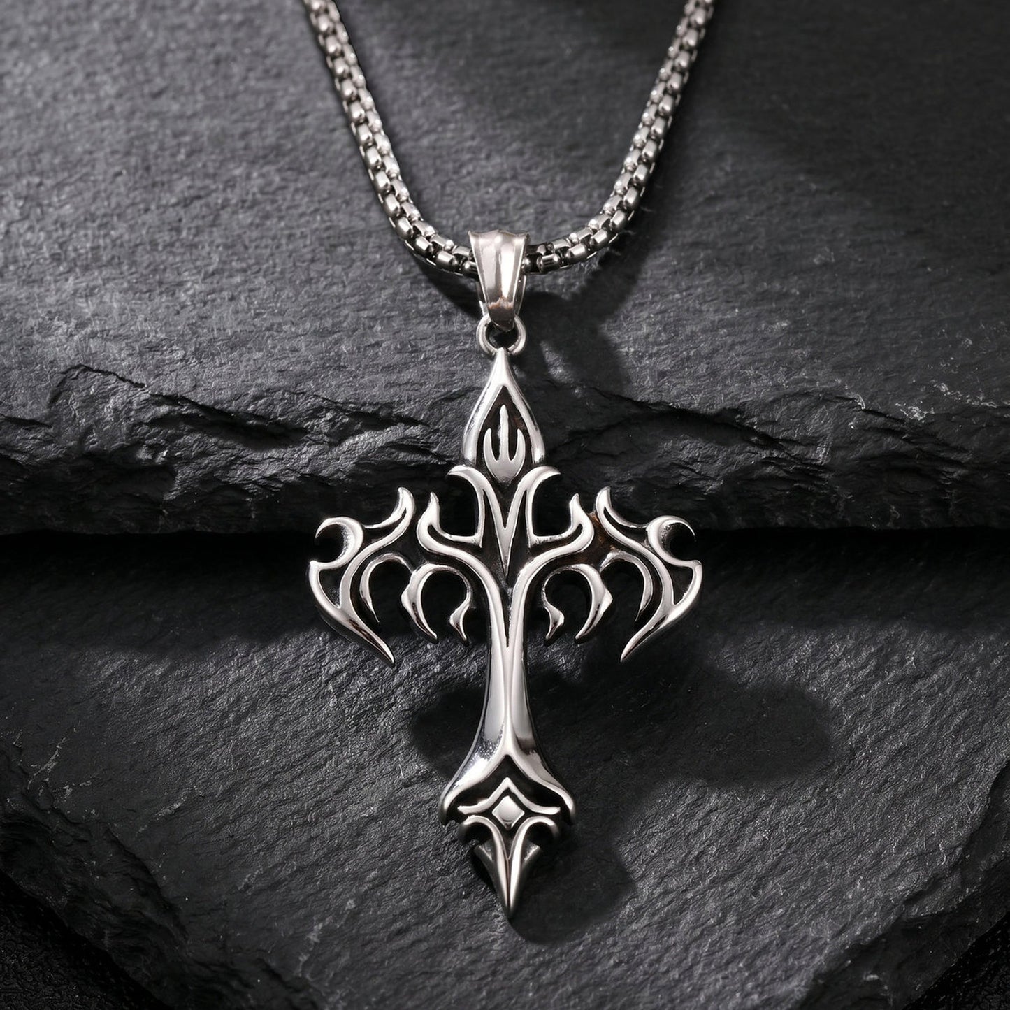 Kemstone Stainless Steel Flame Cross Pendant Necklace for Men Gothic Silver PN-2390