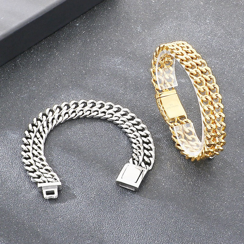 Kemstone Double Layer Cuban Chain Bracelet Titanium Steel Thick Link for Men Gold Silver KB184825-KJX