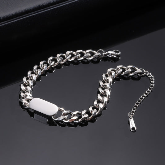 Kemstone Stainless Steel Curb Chain Bracelet for Men – Solid ID Bar Silver BR-968