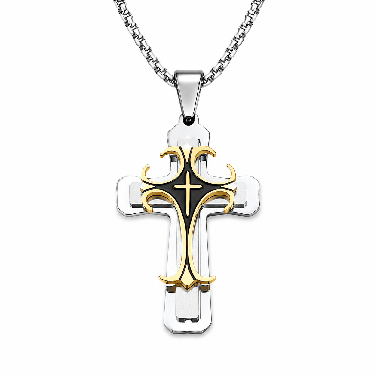 Kemston Titanium Steel Layered Cross Pendant Necklace for Men Vintage Style PN-097