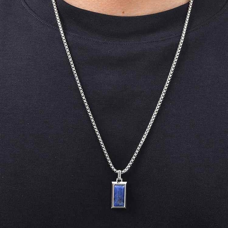 Kemston Rectangular Black Agate Pendant Necklace for Men Stainless Steel Vintage PN2379