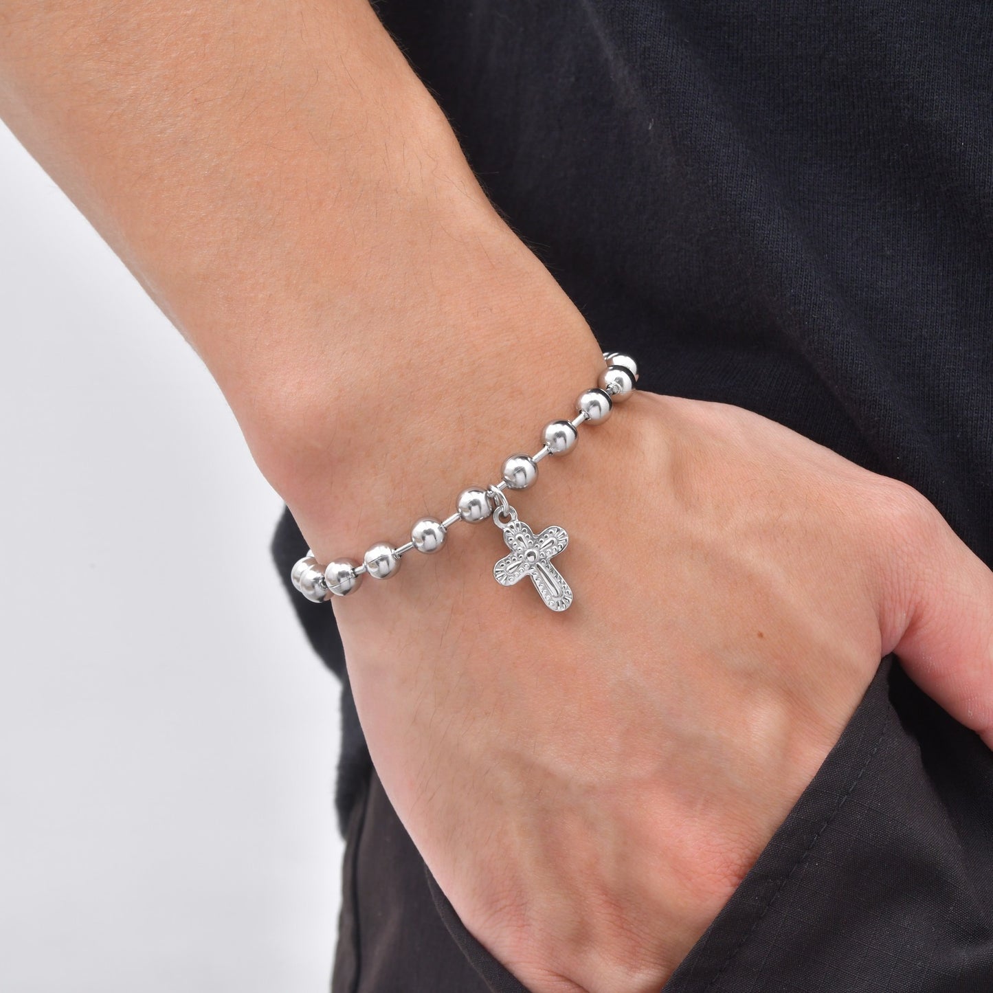 Kemstone Stainless Steel Cross Beaded Bracelet for Men Women Silver BR-2943