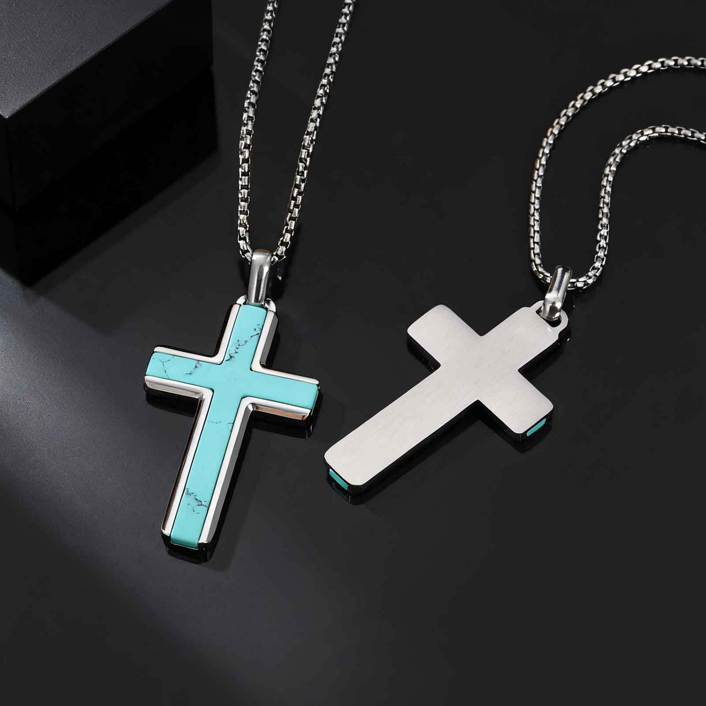 Kemstone Stainless Steel Cross Pendant Necklace – Tiger Eye & Turquoise Inlay for Men PN-2224