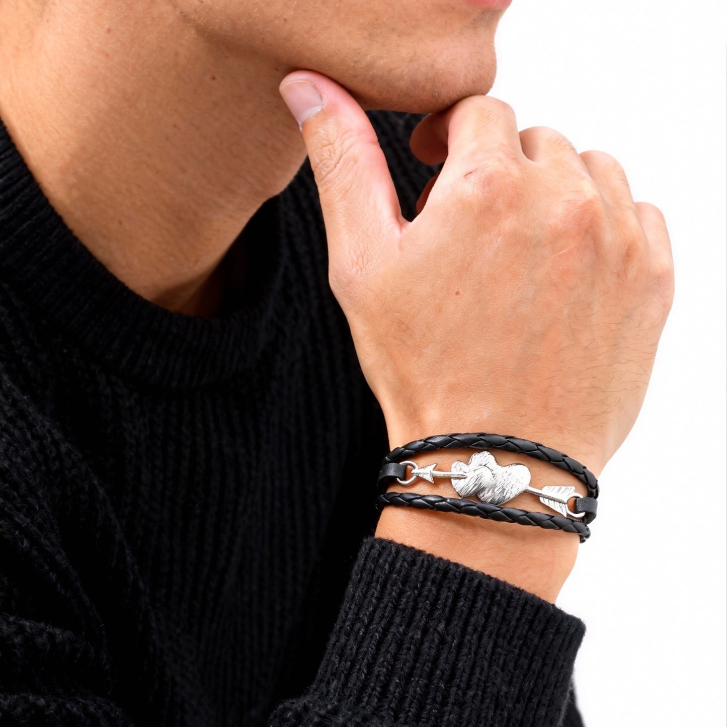 Kemstone Heart Arrow Leather Bracelet Double Braided PU Cord with Alloy Clasp for Men BL-822