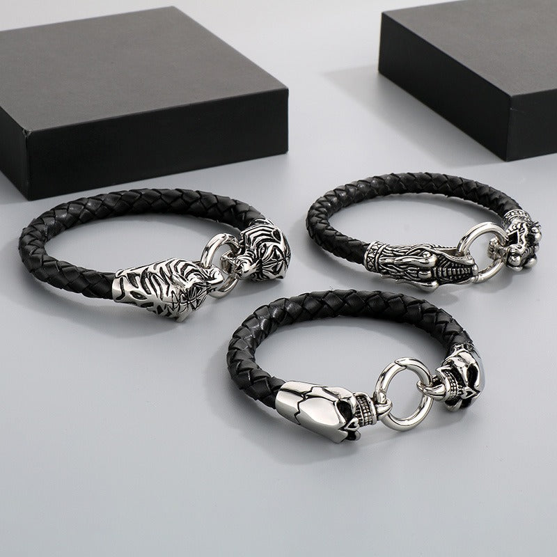 Kemstone Titanium Steel Leather Bracelet for Men Vintage Dragon Tiger Anchor Clasp KB87977-BD