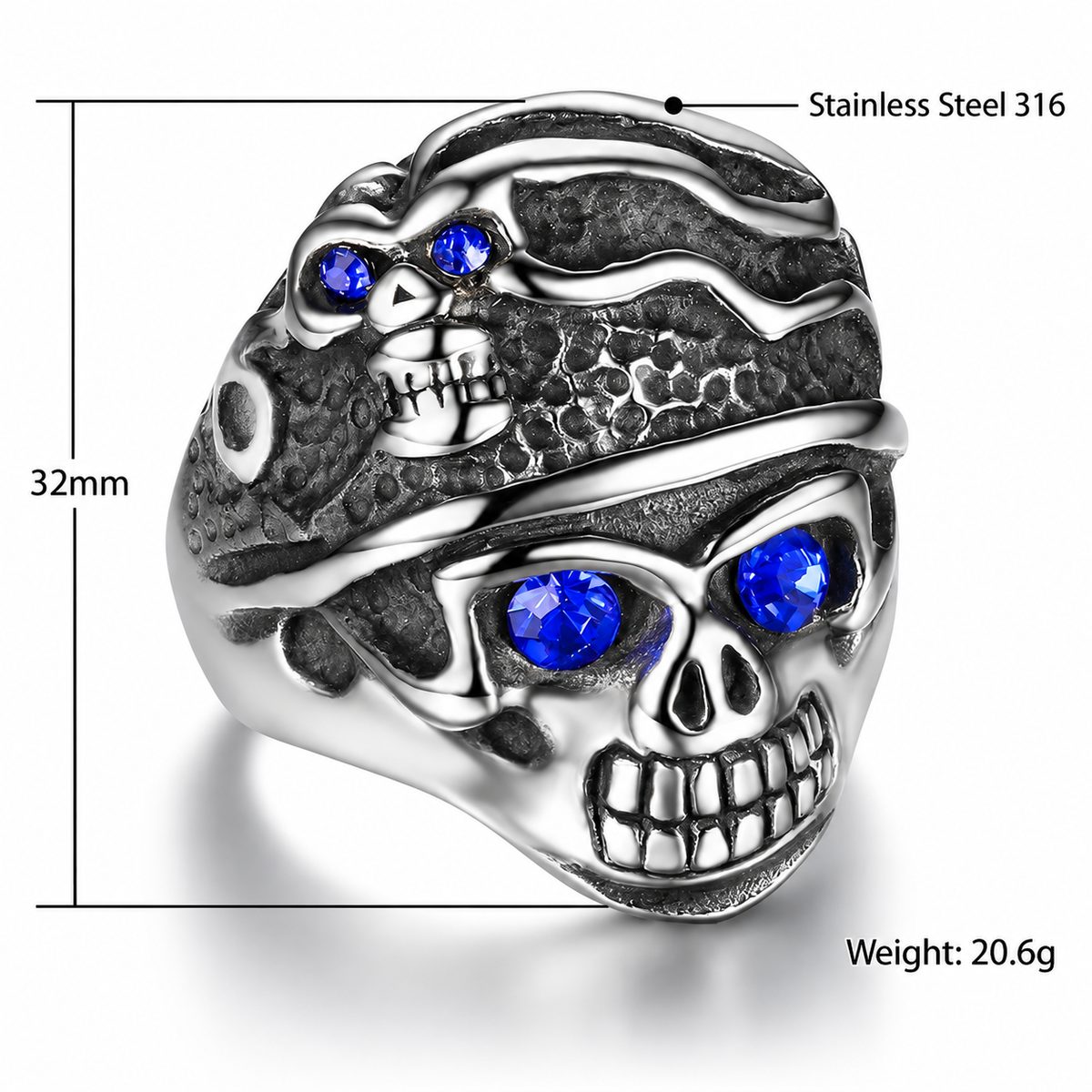 Kemstone Blue Stone Skull Ring for Men 316 Stainless Steel TR0067