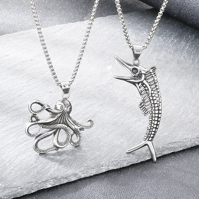 Kemstone Titanium Steel Octopus Fish Bone Pendant Necklace for Men Punk Ocean Animal Vintage Oxidized Silver KP117754-LU