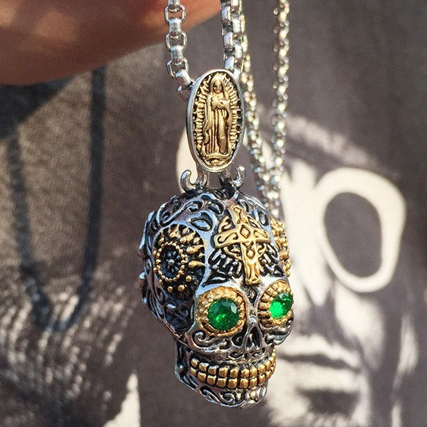 Kemstone Stainless Steel Skull Pendant Necklace for Men with Green Crystal Eyes Punk Style PN-1158