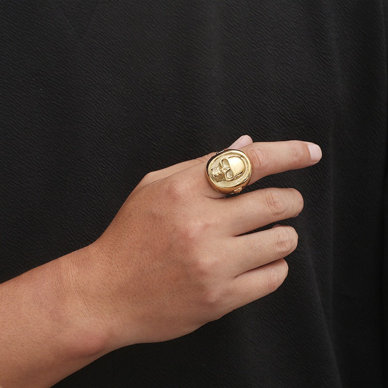 Kemstone Titanium Steel Skull Signet Ring – Heavy Dark Punk Style for Men KR106363-KJX