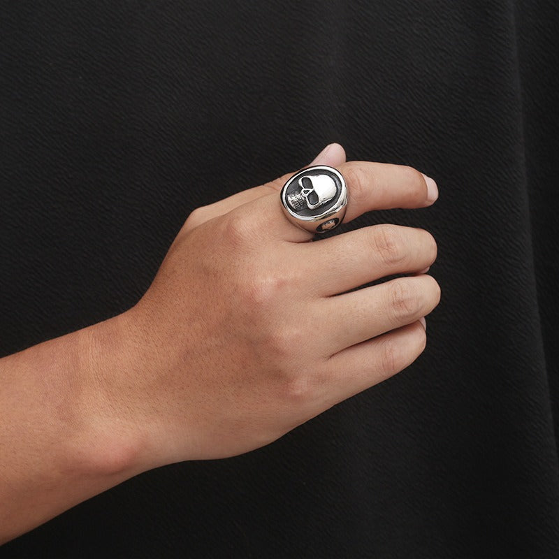Kemstone Titanium Steel Skull Signet Ring – Heavy Dark Punk Style for Men KR106363-KJX