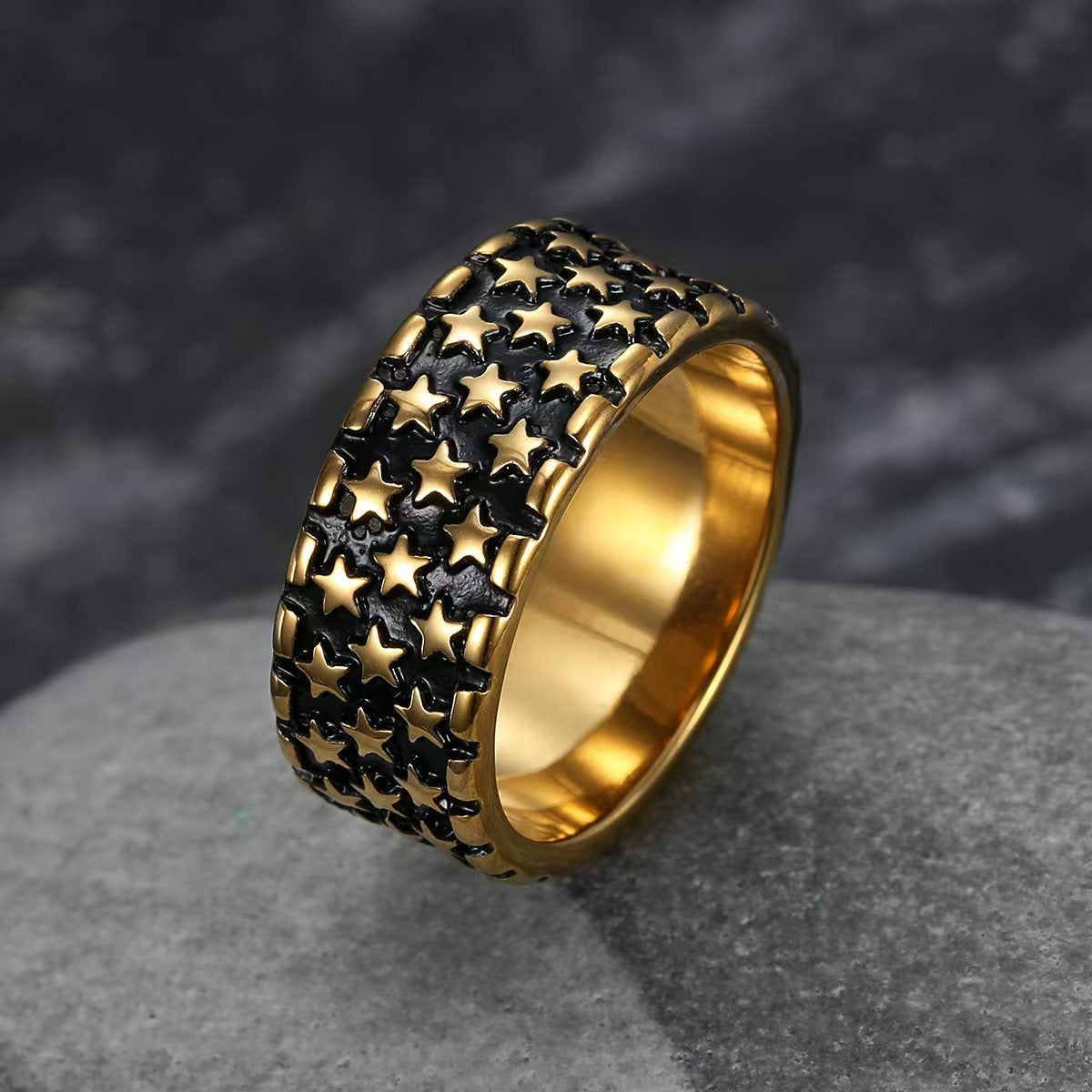 Kemstone Stainless Steel Star Ring for Men – Punk Style 10mm Wide Ring Gold/Silver TR0457