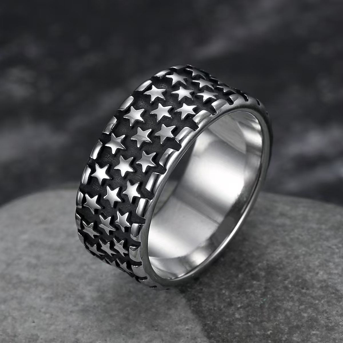 Kemstone Stainless Steel Star Ring for Men – Punk Style 10mm Wide Ring Gold/Silver TR0457