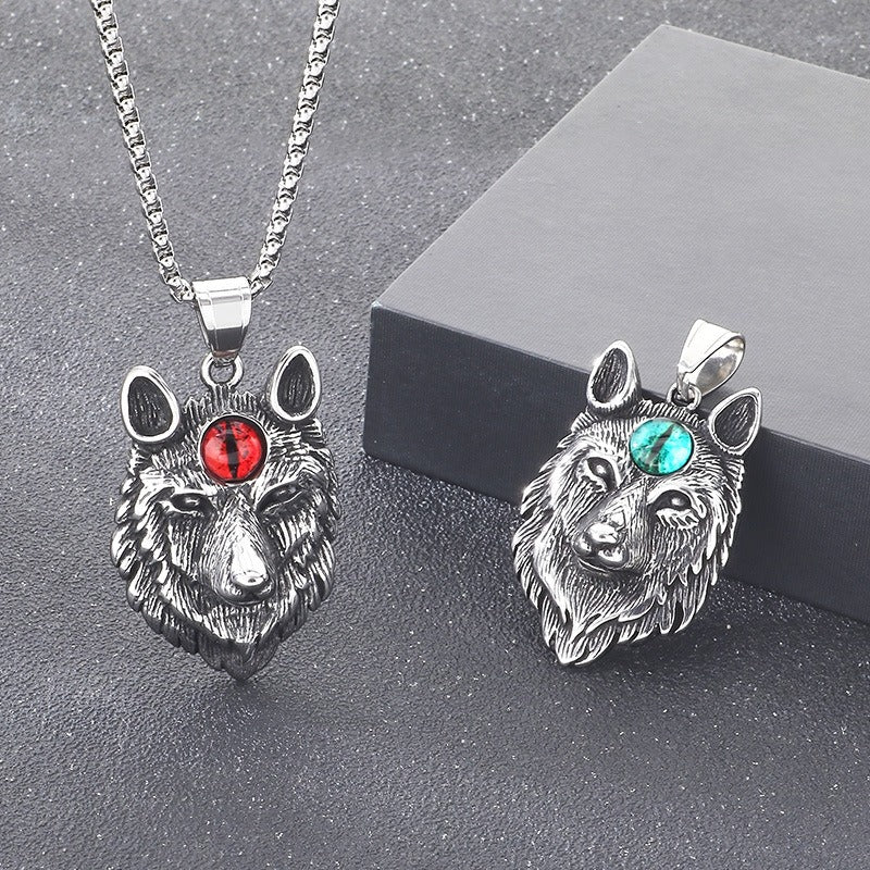 Kemstone Titanium Steel Wolf Head Pendant Necklace for Men – Eye Accent Detail KP117725-LU