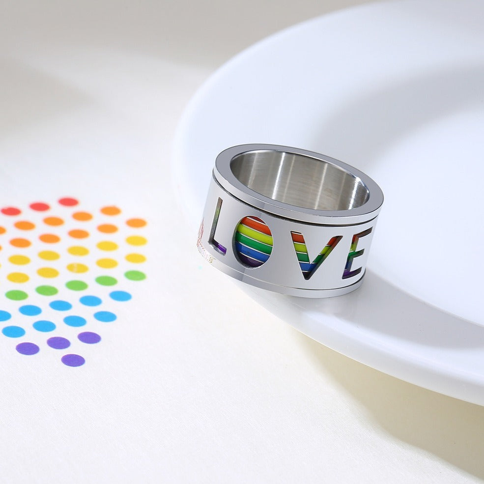 Kemstone Rotating Rainbow Inlay Stainless Steel Spinner Ring for Men – 11mm Band PR-029B