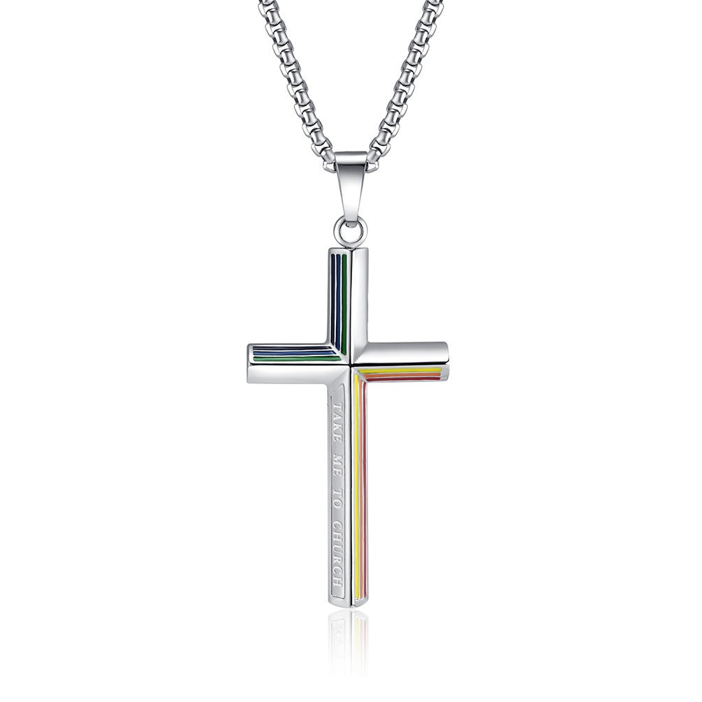 Kemstone Stainless Steel Rainbow Line Cross Pendant Necklace for Men Women K-PT524