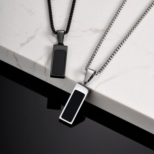 Kemstone Stainless Steel Black Acrylic Bar Pendant Necklace – Minimal Rectangle Style for Men PN-2179