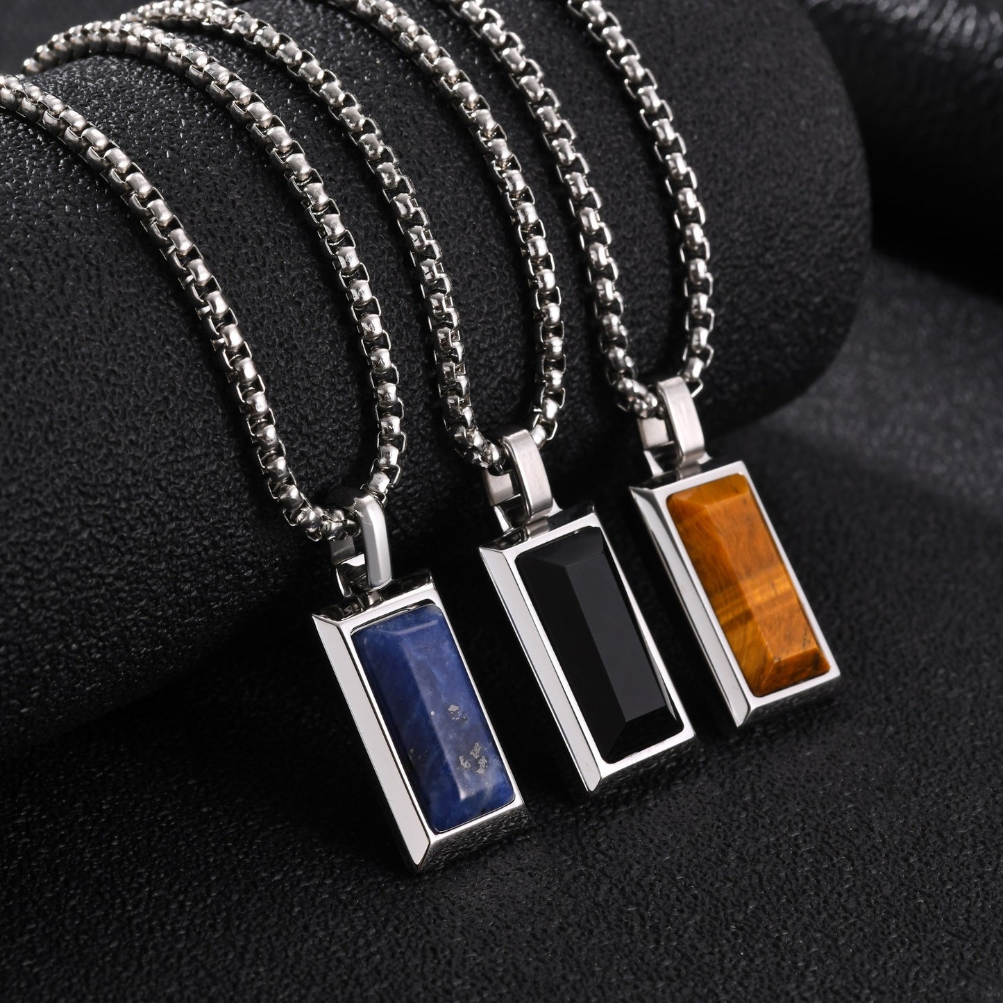 Kemston Rectangular Black Agate Pendant Necklace for Men Stainless Steel Vintage PN2379