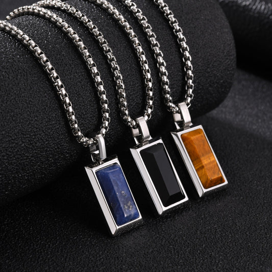 Kemston Rectangular Black Agate Pendant Necklace for Men Stainless Steel Vintage PN2379