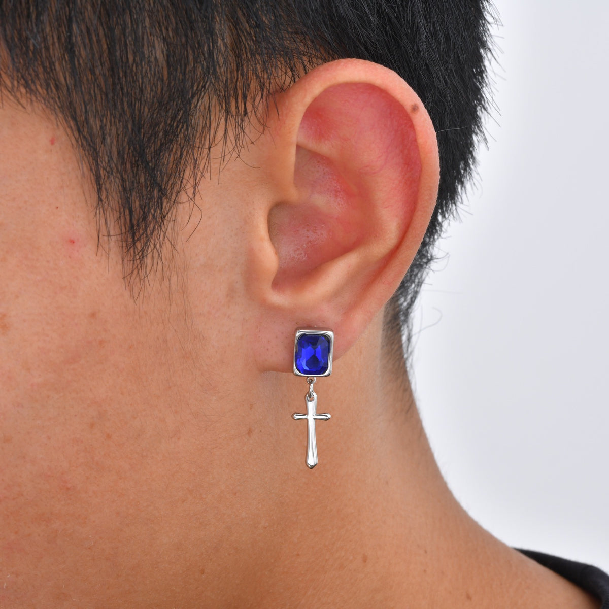 Kemstone Blue Crystal Cross Earring for Men Stainless Steel ED-1148